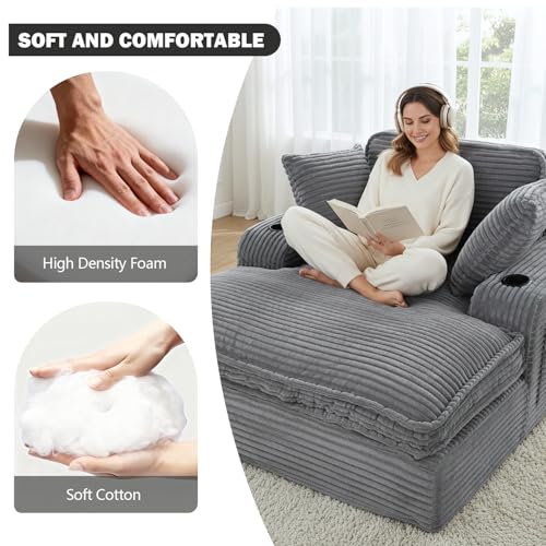 67" Oversized Chaise Lounge Chair Indoor, Soft Boneless Cloud Couch, Gray