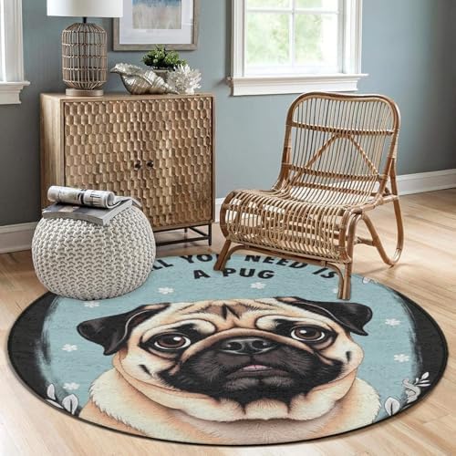 Circular Rugs Large Modern Round Area Rug Fashion Decor Mat for Home Office Cute Puppy Pug