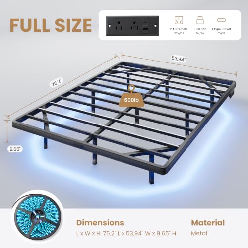Full Size Floating Bed Frame with Smart LED Lights, Black