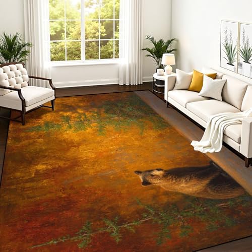 Calming Bear Forest Harmonious Warm Sunset Colors Area Rug Outdoor Patio Rug Play Mat Modern Floor Carpet Non-Slip Home Decor Living Room Kids Bedroom Nursery, 9x12 ft