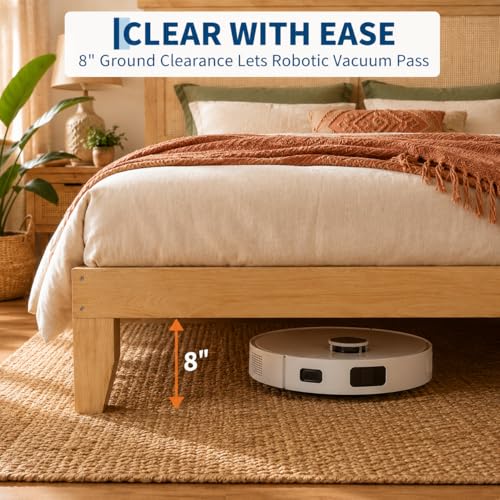 GAOMON Full Size Wood Bed Frame with LED Light and Rattan Headboard