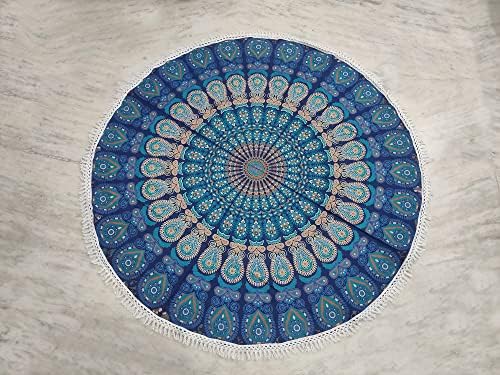 Round Beach Tapestry Turquoise Mandala Throw/Boho Hippie Beach Blanket Roundie/Indian Cotton Bohemian Large Round Table Cloth-Home Decor/Yoga Mat Meditation Picnic Rug (42", Blue)
