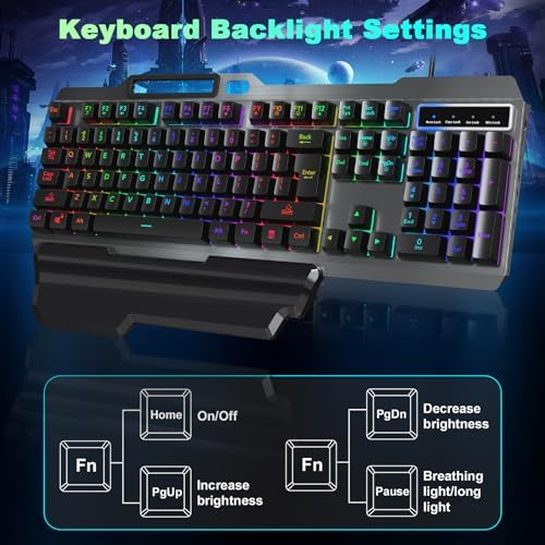 cimetech Wired Gaming Keyboard, Rainbow LED Backlit Anti-ghosting Computer Keyboard with Wrist Rest, Spill-Resistant Design, Multimedia Keys, Quiet Ergonomic Keyboard for Windows Laptop PC Mac