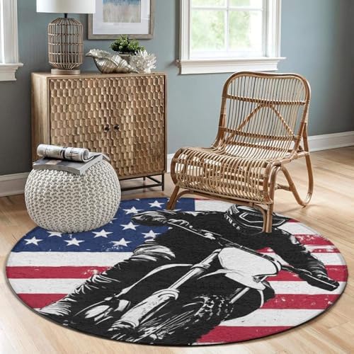 Large Home Decor Mat, Soft Round Yoga Carpet, Non Slip Machine Washable Home Office Circle Rug Dirt Bike Motocross American Flag