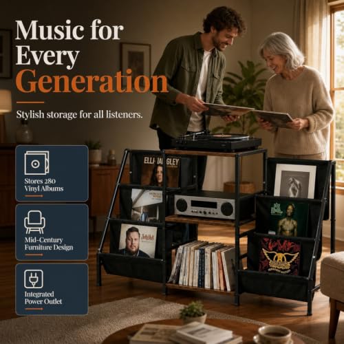 Record Player Stand with Storage, Vinyl Record Holder with Power Outlet