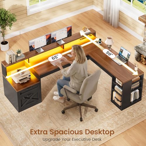 65"x59" L Shaped Desk with Lockable Drawers Storage for Home Office