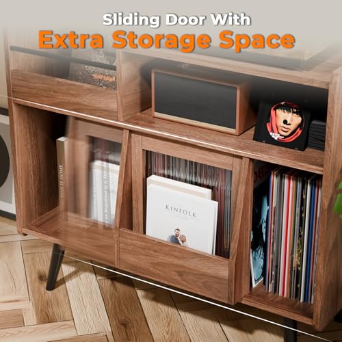 Large Record Player Stand,Turntable Stand Shelf w/Power Outlet & LED Light