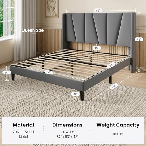 Queen Size Upholstered Platform Bed Frame with Headboard, Grey