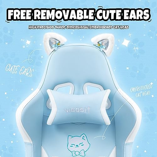 Gaming Chair, Cute Cat Gaming Chairs with Paw Lumbar Cushion for Girls, Video Gamer Chair with Footrest for Girl Teen Woman (Blue-A)