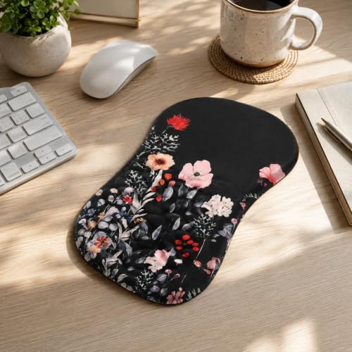 Ergonomic Mouse Pad with Wrist Rest, Mouse Pad with Memory Foam Massage Support, Non-Slip PU Base, Comfortable Typing Cushion for Home Office Computer Laptop, Flower Black