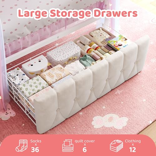 Twin Canopy Bed Frame with Drawers, LED and Charging Station,White