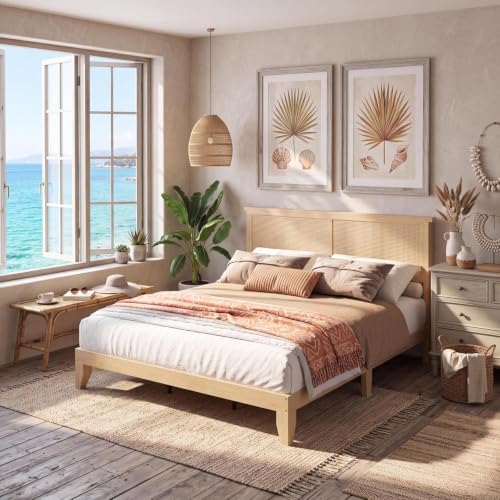 Queen Size Wood Bed Frame with LED Light and Rattan Headboard