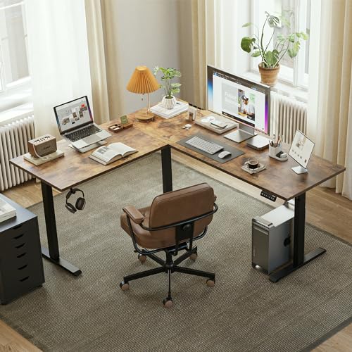 63 x 55 Inch L Shaped Electric Standing Desk, Rustic Brown