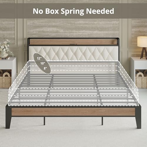 King Size Bed Frame with Headboard & Charging Station,Wood and Cream