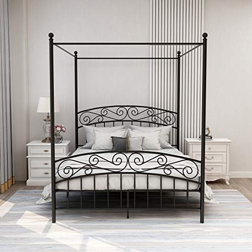 Queen Size Metal Canopy Bed Frame, Black