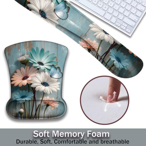 Ergonomic Keyboard Wrist Rest & Mouse Wrist Support Set with Lace Coaster, Gel Memory Foam Anti-Slip Base, Pain Relief for Typing, Floral Butterfly