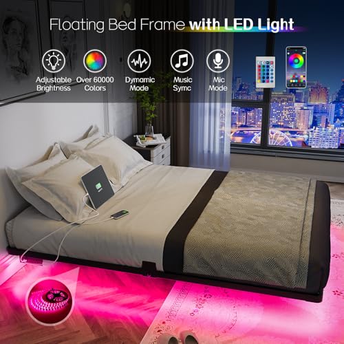 Floating Bed Frame Full Size Metal with LED Light & Charging Station