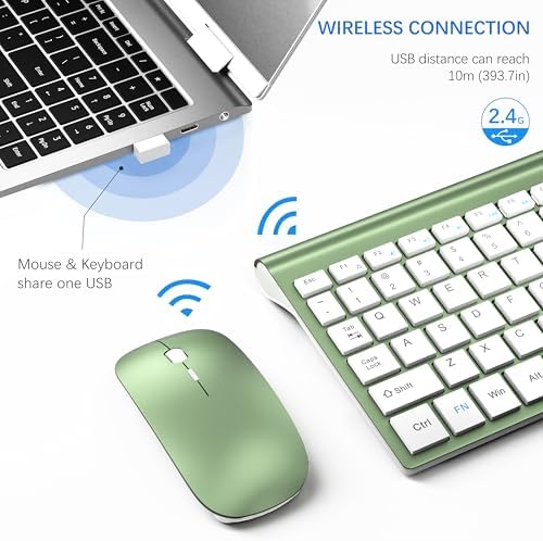Wireless Keyboard and Mouse Ultra Slim Combo, TopMate - Green White