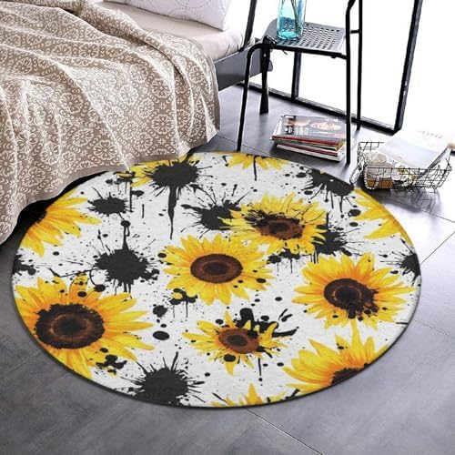 Large Round Area Rug Home Decor Modern Bathroom Rug Kitchen Office Circle Rug for Living Room Sofa Circle Cute Mat 80s Vintage Sunflower Cow Print, 24inch