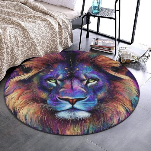Machine Washable Modern Round Area Rug, Room Sofa Yoga Soft Round Carpet, Home Decor Non Slip Kitchen Office Circle Rug Trippy Animal King Cool Lion Art, 36inch