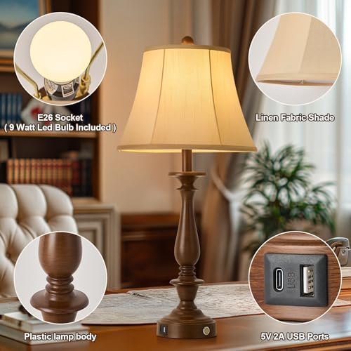 AIDENOEY 28.5" Traditional Table Lamp Set of 2, Rustic Farmhouse Table Lamps for Living Room Bedroom, Bedside Desk Lamps Vintage Nightstand Lamps with Silk Fabric Shades, Antique Walnut