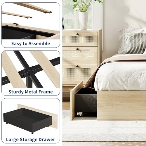 King Bed Frame with 2 Storage Drawers, Wood Platform Floor Bed Frame