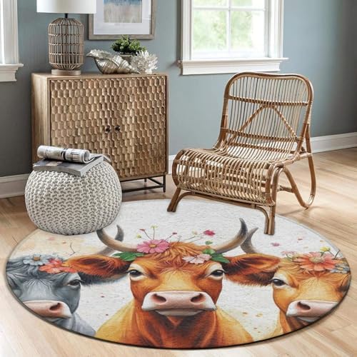 Soft Round Yoga Carpet, Large Home Decor Mat, Non Slip Machine Washable Kitchen Office Circle Rug Cute Highland Cow Family