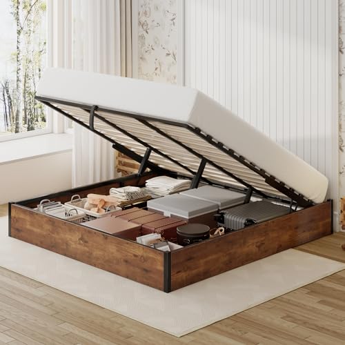 King Size Bed Frame with Lift Up Storage, Rustic Brown