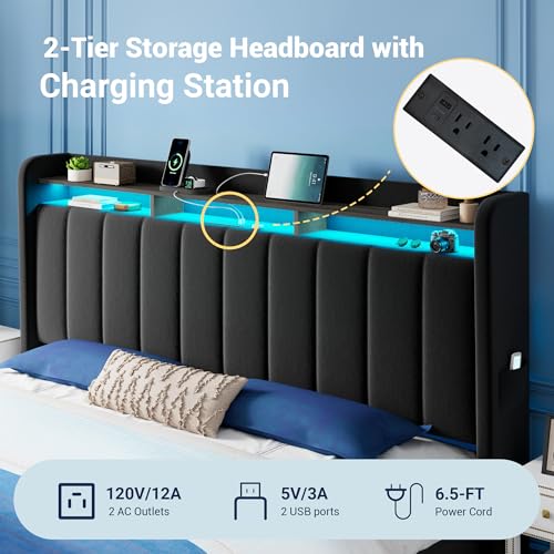 King Size Bed Frame with 2-Tier Storage Headboard & 2 Large Drawers