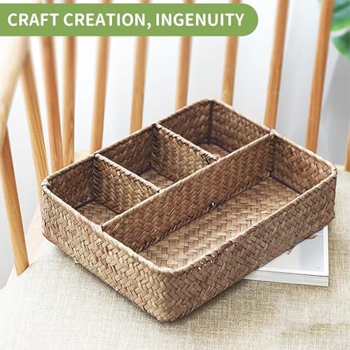 Nonam Large 4-Section Seagrass Tea Bag Organizer,Divided Basket,Brown