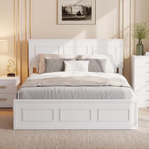 White Farmhouse Wood Full Size Bed Frame with Adjustable Headboard