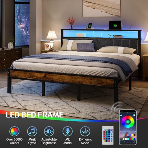King Size Bed Frame with LED Lights, Upholstered Headboard