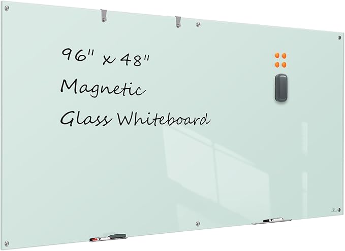 TSJ OFFICE Glass Dry-Erase Board - 8 x 4 Ft Wall Mounted Glass Magnetic Whiteboard, 96" x 48" Extra Large Frameless White Board for Office, Home & School
