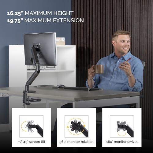 Fellowes Platinum Series Single Monitor Arm for 40-Inch Monitors, Full Motion, 360° Rotation, VESA Mount with Grommet or Clamp, USB Ports, Ergonomic, Black, 8043301