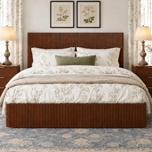 Fluted Queen Size Platform Bed Frame with Lift up Storage