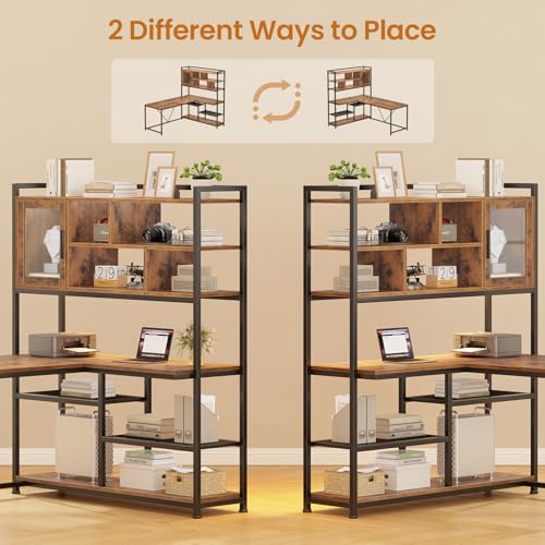 L Shaped Computer Desk with Storage Shelves, Bookshelf, Rustic Brown