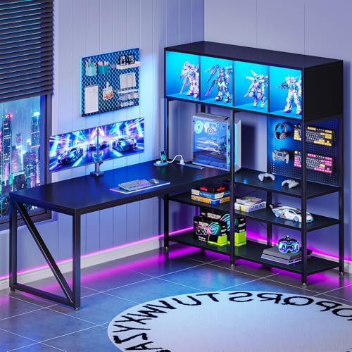 63" L Shaped Gaming Desk with Display Hutch and Large Desktop, Black