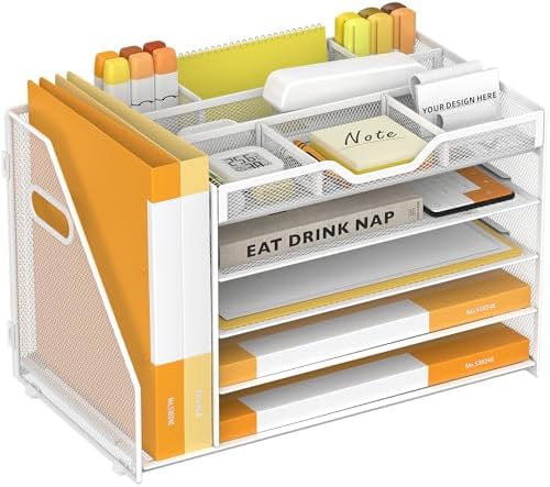 5 Tier Paper Letter Tray Desk Organizer with Pen Holders - White