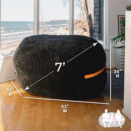 Big Joe Fuf 7Ft Giant Foam Bean Bag Chair, Oversized Couch with Removable Cover for Kids, Teens, Adults, Black Licorice Corded Plush, 7 Foot