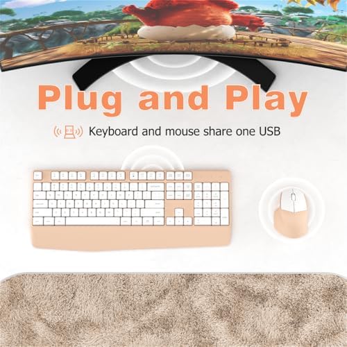 Ergonomic Wireless Keyboard and Mouse Combo with Wrist Rest, White Milk Tea