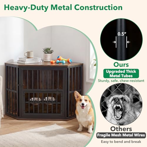 Corner Dog Crate Furniture with Adjustable & Reversible Feeder