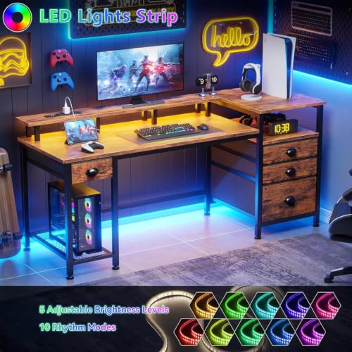 60" Computer Desk with 4 Drawers, Power Outlet, LED, Rustic Brown