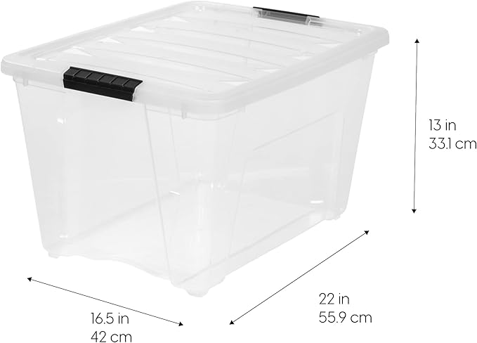 IRIS USA 51 L (54 QT) Plastic Storage Box with Lid and Latches - 4 Pack - BPA-Free, See-Through Organizing Solution, Durable Nestable Stackable Containers, Secure Pull Handle - Clear