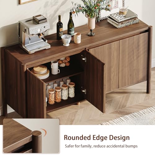 59 Inch Walnut Buffet Cabinet, Mid Century Wood Sideboard Storage