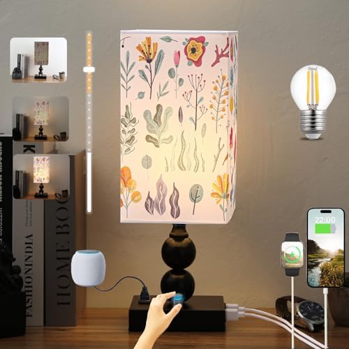 Bedside Table lamp Dimmable with Charging Station, Small end Desk Nightstand Lamps with USB Ports and outlets for Bedroom Living Room Office Reading Gifts Home Decorative LED Edison Bulb Included