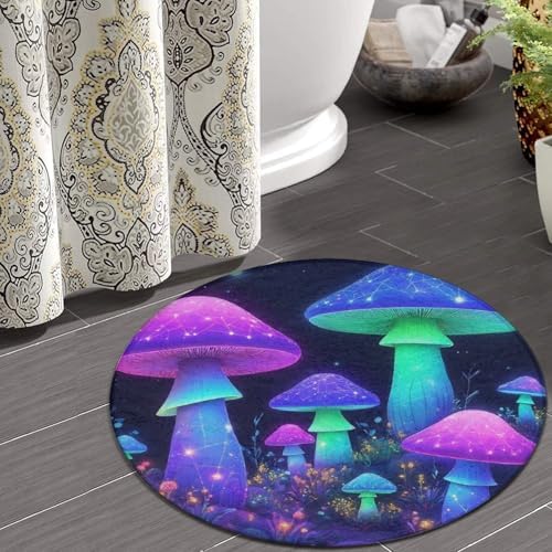 Women's Large Home Decor Mat, Soft Round Yoga Carpet, Non Slip Machine Washable Home Office Circle Rug Neon Mushrooms