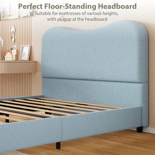 Queen Bed Frame with Boucle Fabric, Blue