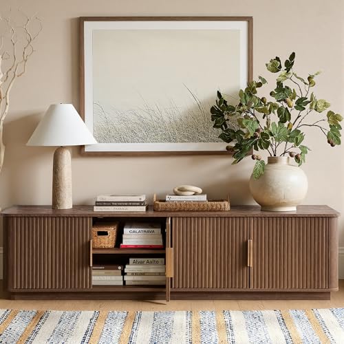 67" Fluted TV Stand with Storage, Faux Marble Top, Walnut