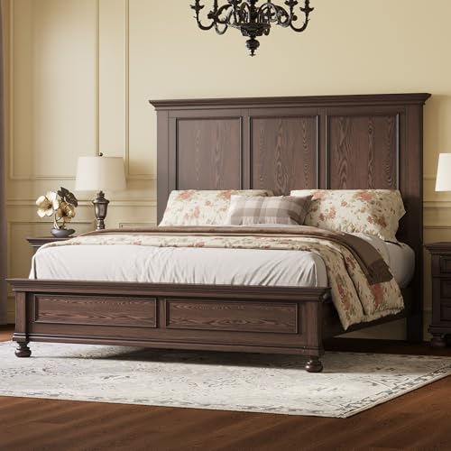 Solid Wood Queen Bed Frame with 65.2" High Headboard