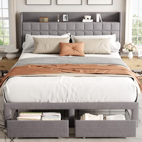 Queen Bed Frame, Upholstered Platform Bed Frame with Storage Drawers